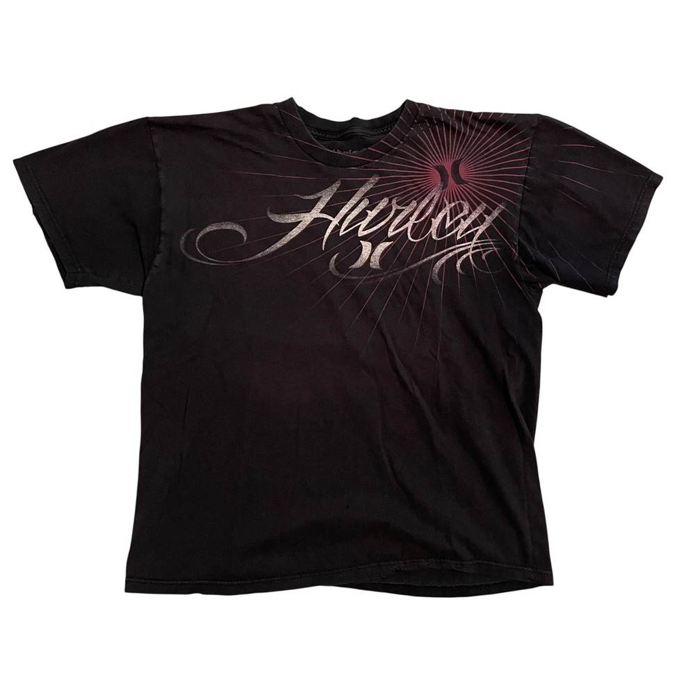Hurley Mens Graphic‎ T-Shirt Black Script Logo Sunburst Surf Tee Size XL